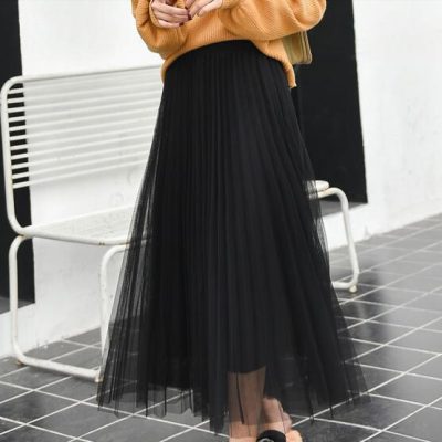 网纱裙百褶裙半身裙中长款女伞裙秋高腰A字裙子
