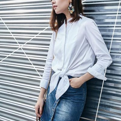 春装新款长袖衬衫女简约中长款侧开叉立领衬衣